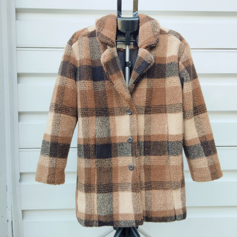 American Eagle • Faux Sherpa Brown Plaid Teddy Coat